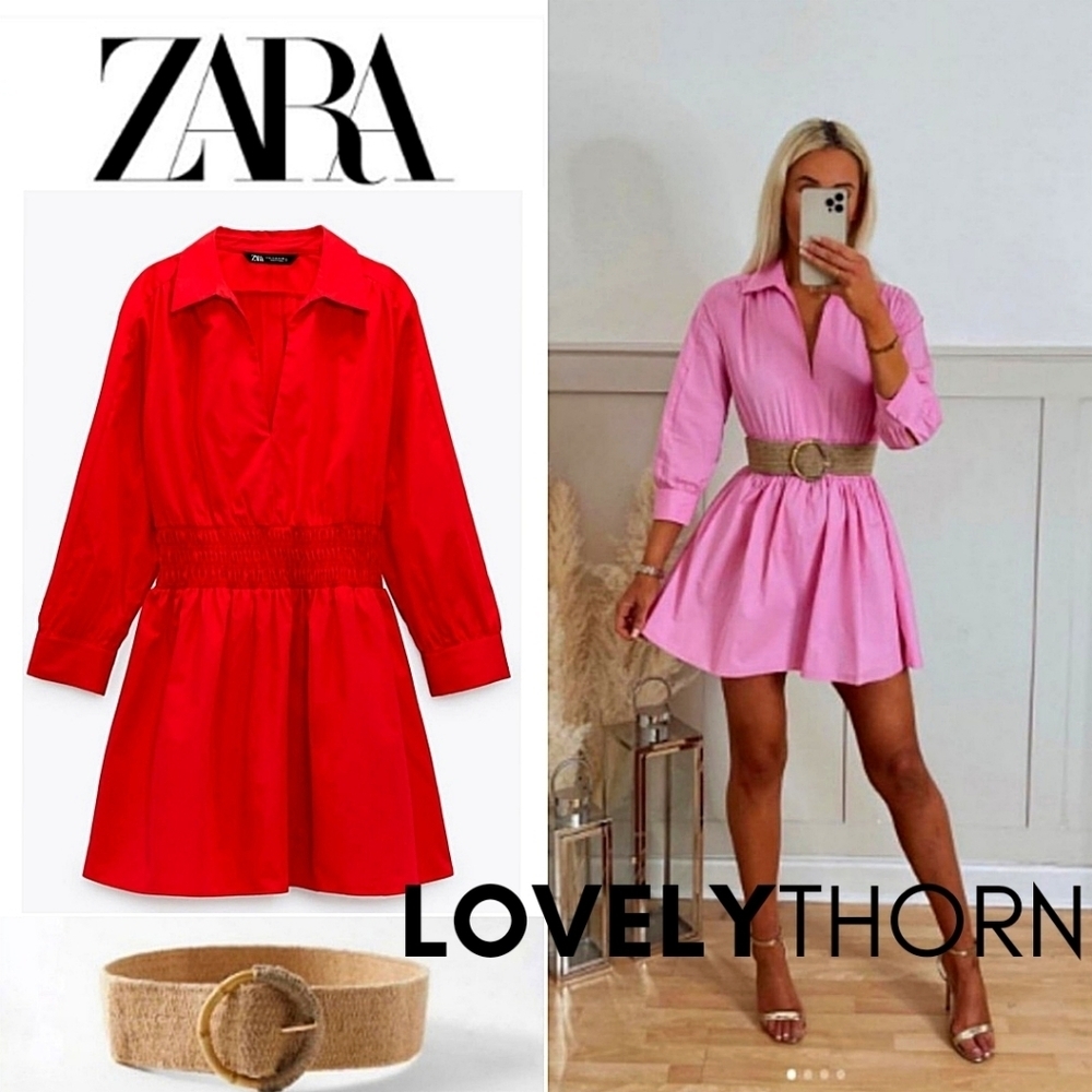 ZARA // retro-chic red poplin collar smock waist long sleeve plunge mini dress - Picture 14 of 16